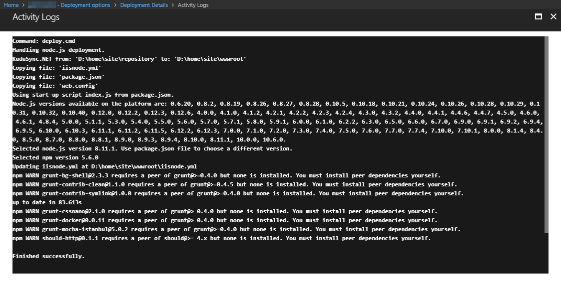 App Service > Deployment Options > Deployment Details > Activity Logs