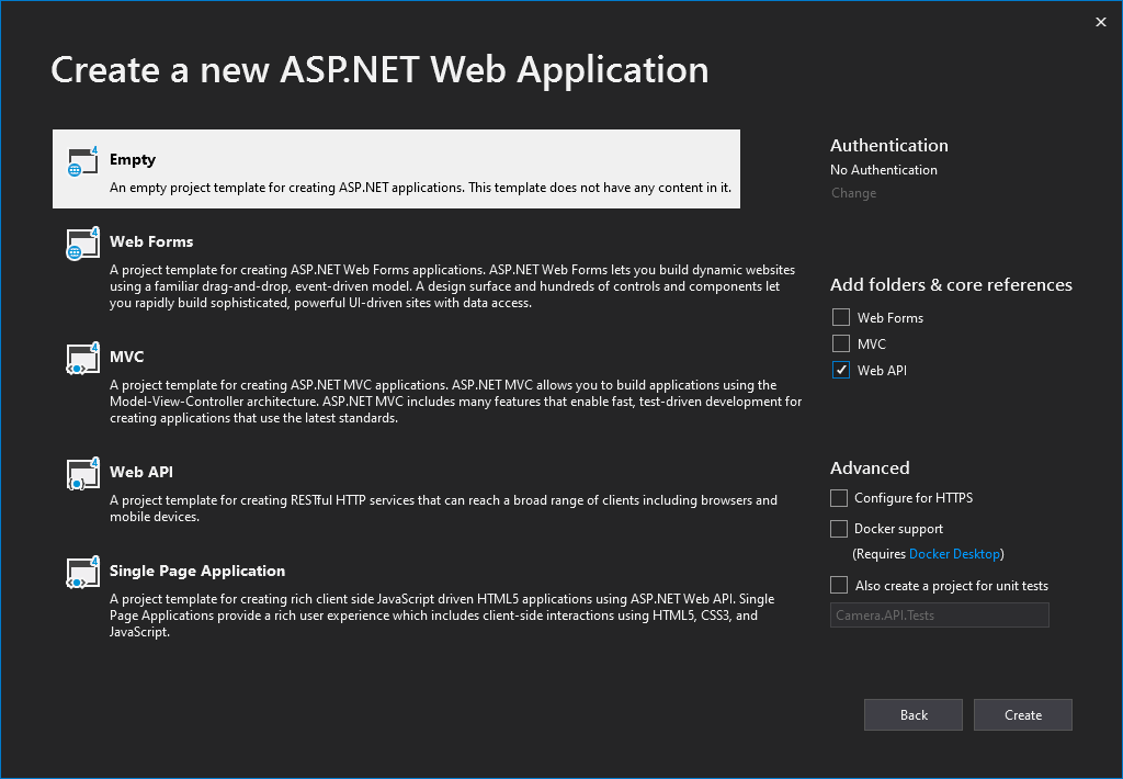 Creating an empty ASP.NET Web API project that runs on HTTP