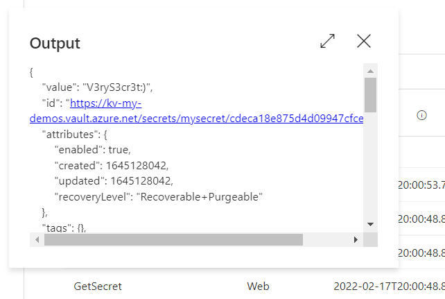 The output of the Get Secret operation on Azure Key Vault