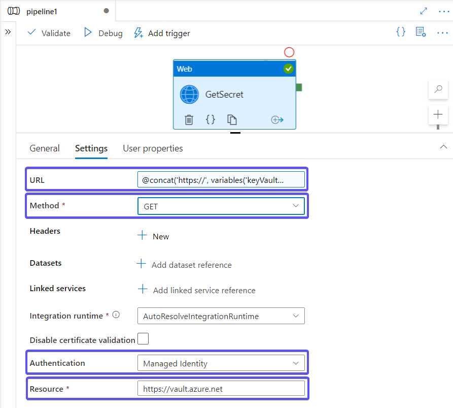 The configuration of the Web activity for retrieving a secret