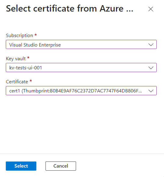 Key Vault certificate picker blade